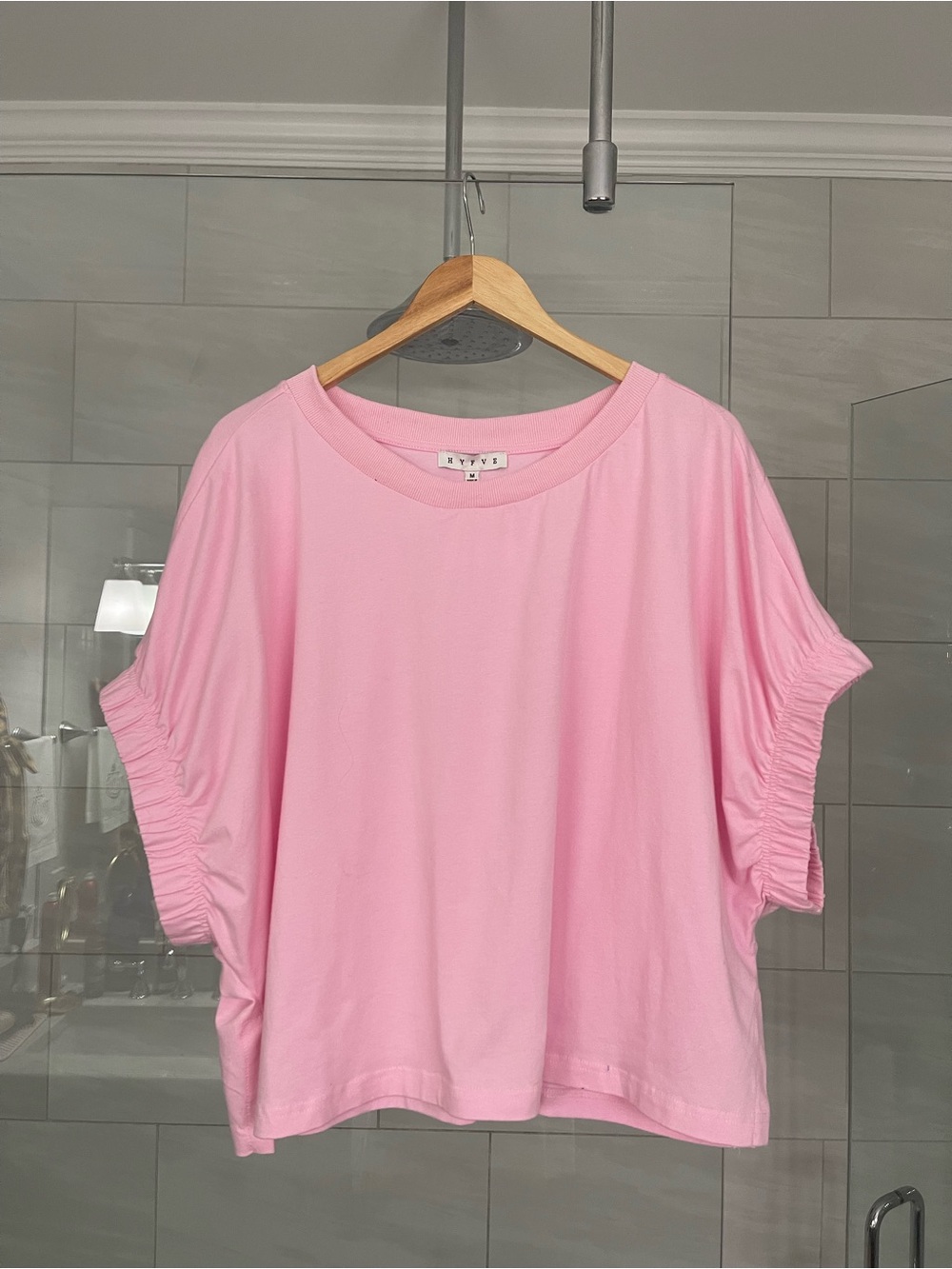 HYFVE Pastel Pink Ruched Sleeve Boxy Tee
